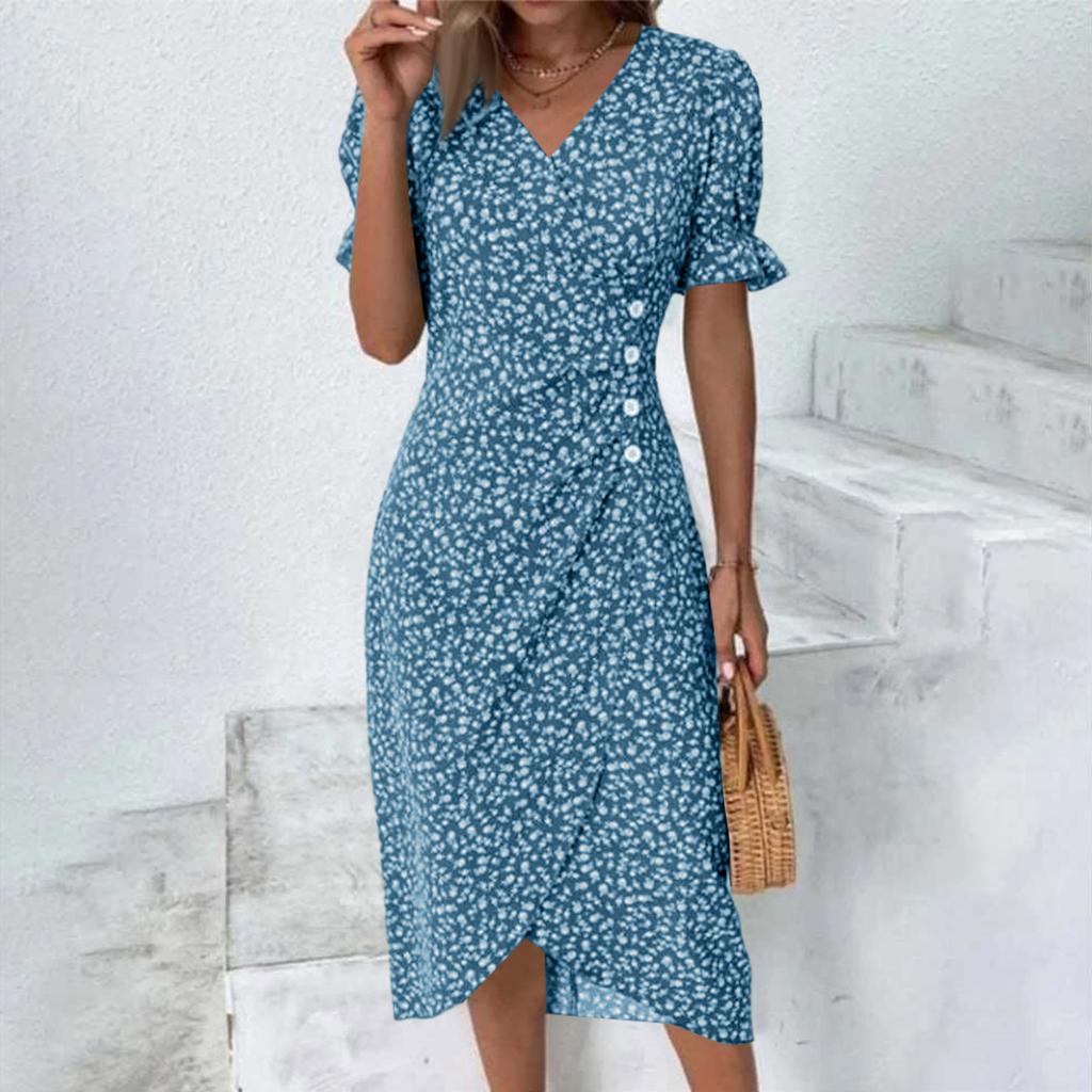 Women's Summer Casual Dress V Neck A-line Boho Ditsy Floral Flounce Sleeve Wrap Hem Dress