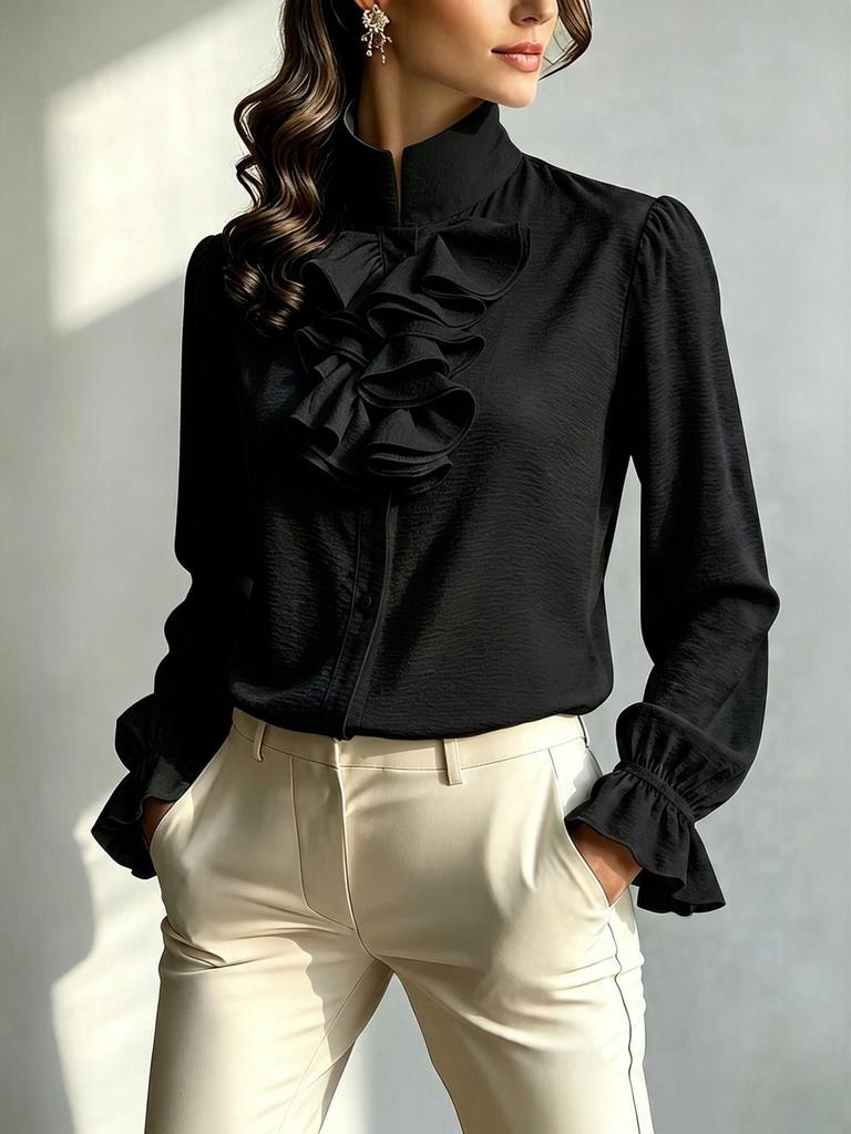Dames 2025 Europese Stijl Ruches Opstaande Kraag Los Blouse