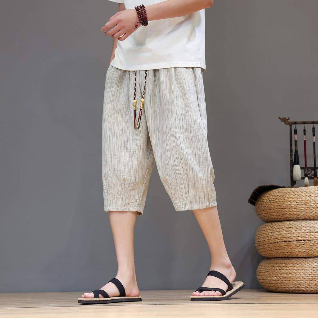 Summer Thin Men's Ice Silk Imitation Hemp Feel, Loose Casual Pants Striped Printed Cropped Pants