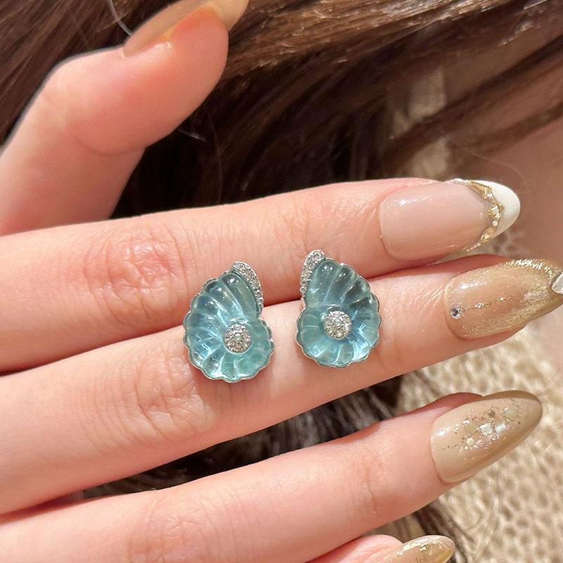 Fresh and Fashion Sea Blue Enamel Conch Pendant Inlay Diamonds Earrings for Women Exquisite Sparkling Collar Chain  Sets