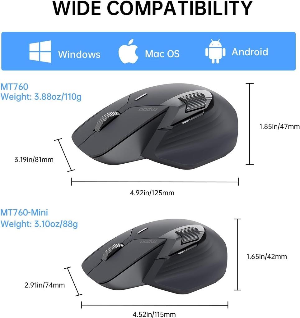 Rapoo MT760Mini Bezdrátová Bluetooth Horizontální 11 Programovatelných 5 Současných Zařízení 6 Kláves 2 Ergonomické DPI Kontinuální Matná Černá Mini Velikost Myš,