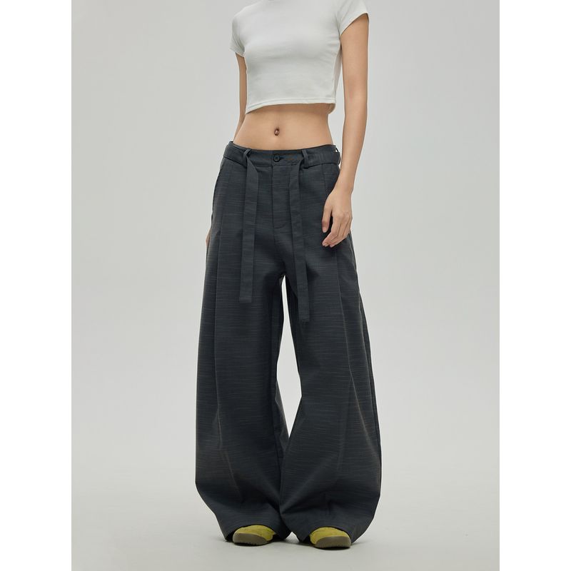 Black of Exit American High Street Style Solid Color Loose Wide-Leg Floor-Length Pants Autumn and Winter New Lace-Up Casual Pants