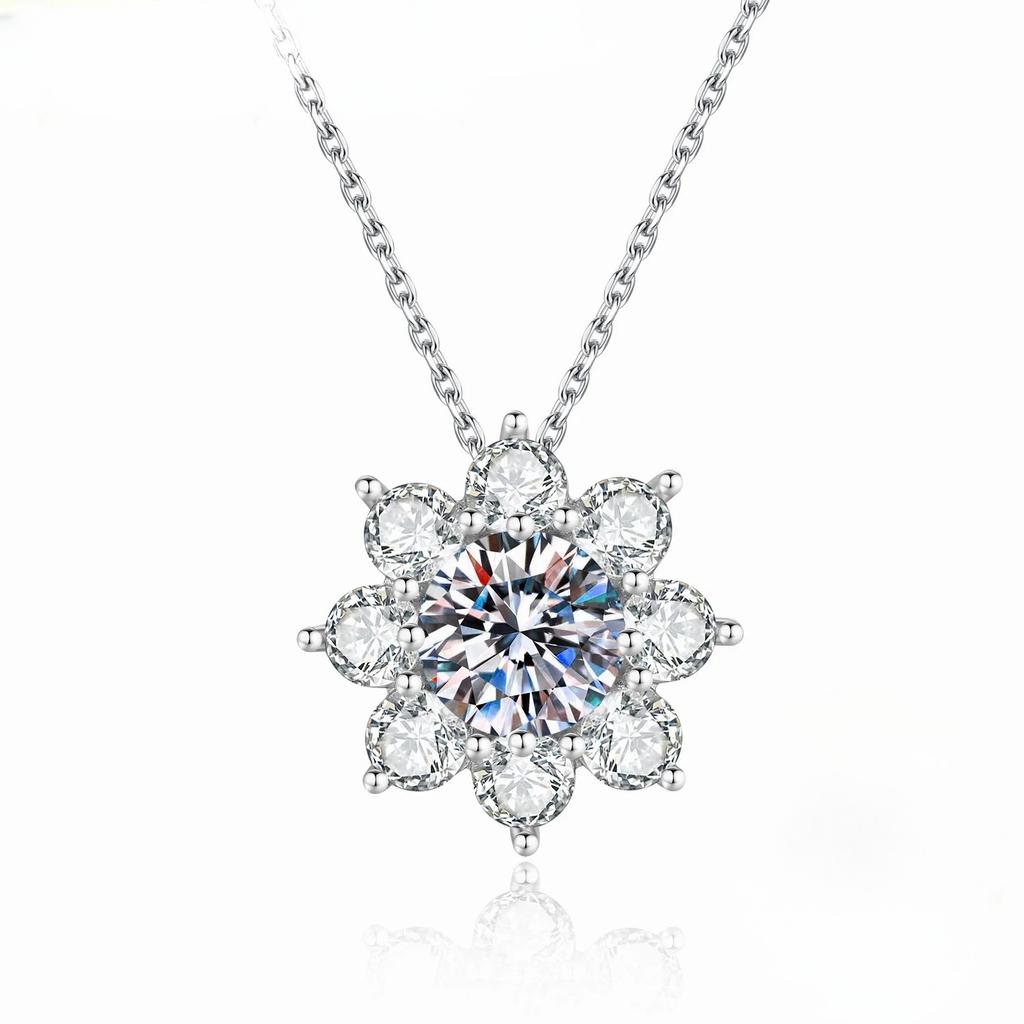 Sunflower Moissanite Pendant Necklace Sterling Silver Sparkling Flower Jewelry for Women