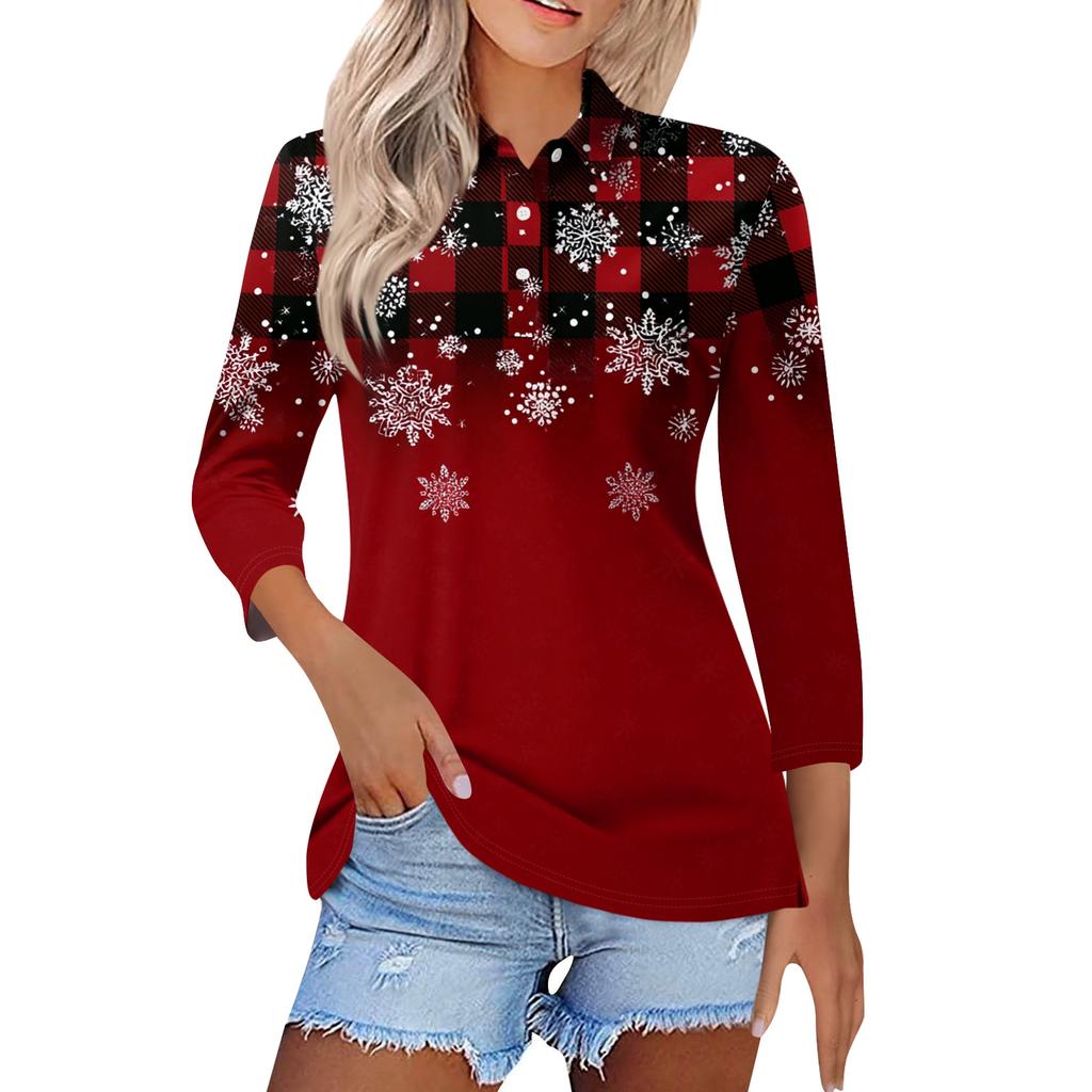 Women's Fashion Casual Lapel Short 3/4 Sleeve Christmas Print Shirt Women's Button Up Tops