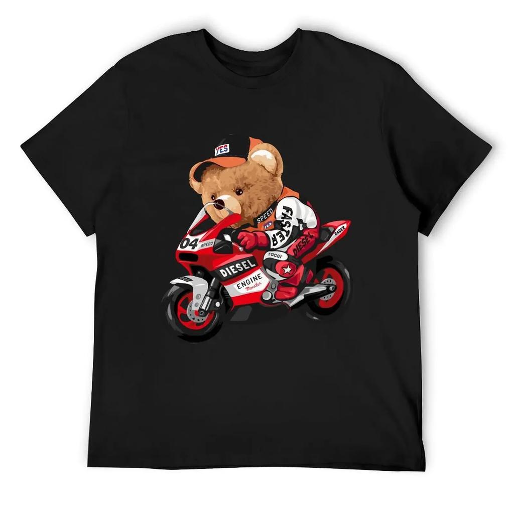Cute Teddy Bear Riding Motorcycle T Shirt Harajuku Short Sleeve T-shirt 100% Cotton Graphics Tshirt Tops