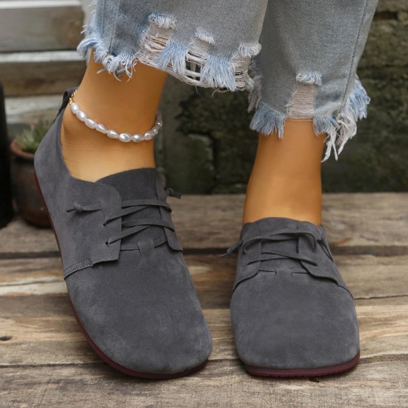 Sapatos casuais femininos de bico fino com cadarço, estilo vintage, planos, de bico baixo, para uso diário e dirigir