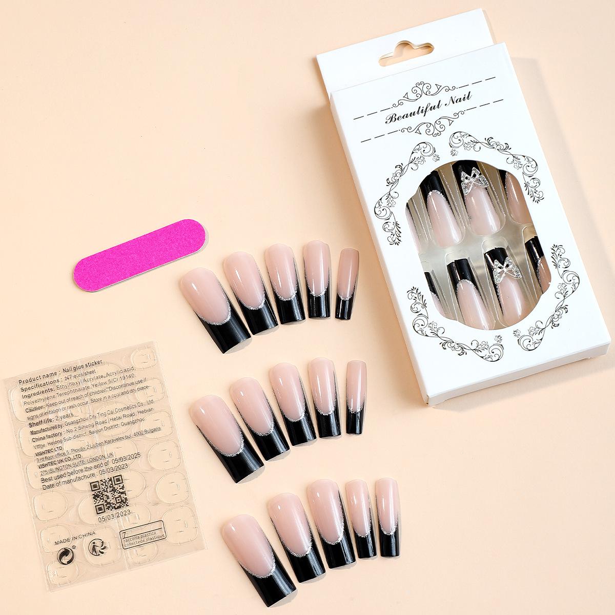 

Съемные Очень Длинные Квадратные Ногти с Бриллиантовой Бабочкой, Черный Французский Край.