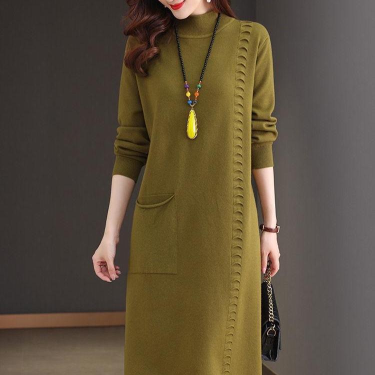 Half Turtleneck Knitted Dress Solid Color Loose Mid-length Sweater for Women Autumn and Winter Casual Long-sleeved Pullover