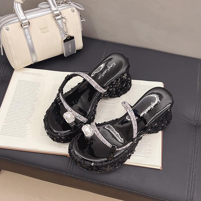 Sequined Wedged Slippers Femininity Thick-soled Outer Wear Summer Small Man Set Toe Rhinestone Cold Slippers