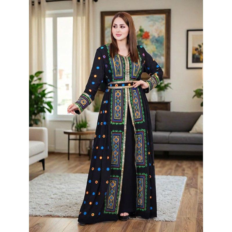 Cross-Border European and American Middle East Print Sequins Women Clothes New Fashion Dubai Robe Chiffon Travel Dress Dress
