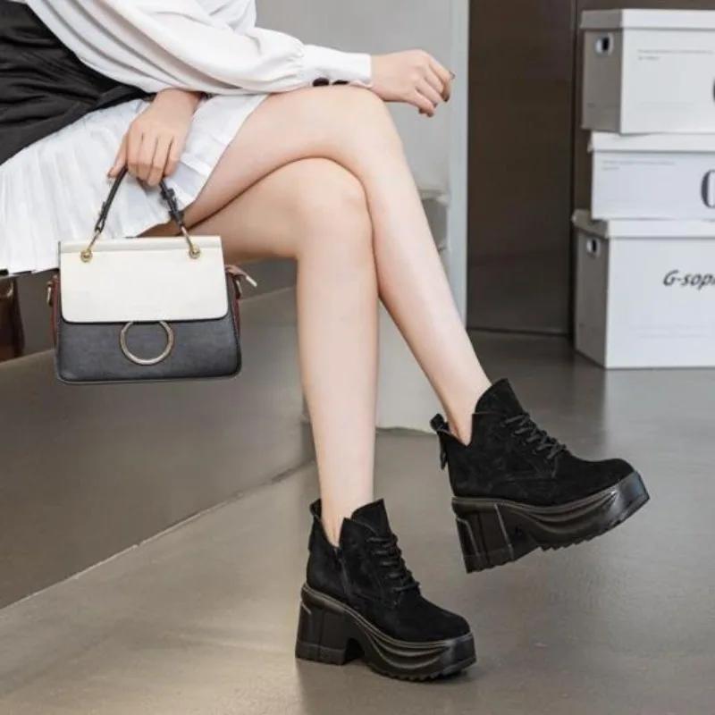 Fashion 9CM Suede Leather Spring Chunky Heel Ankle Boots Platform Wedge New Autumn Women Vulcanized Increase Casual High Heels ZIP Shoes