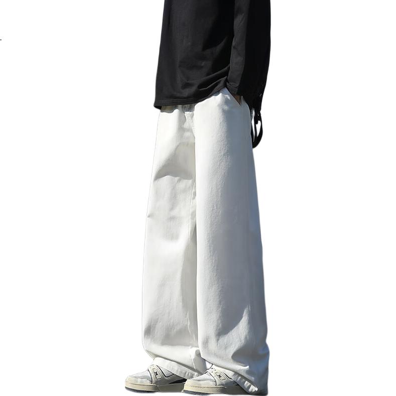 Dingfengbaoluo Pure Cotton Casual Pants for Men, Spring Solid Color Loose Versatile Straight-Leg Cargo Wide-Leg Trousers SS10 White M