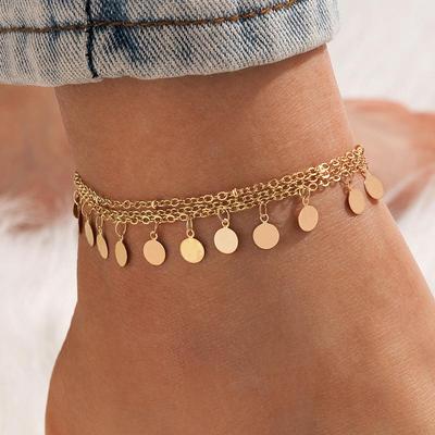Charm Gold Color Wafer Tassel Anklet for Women Iron Alloy Metal Foot Chain Beach Jewelry
