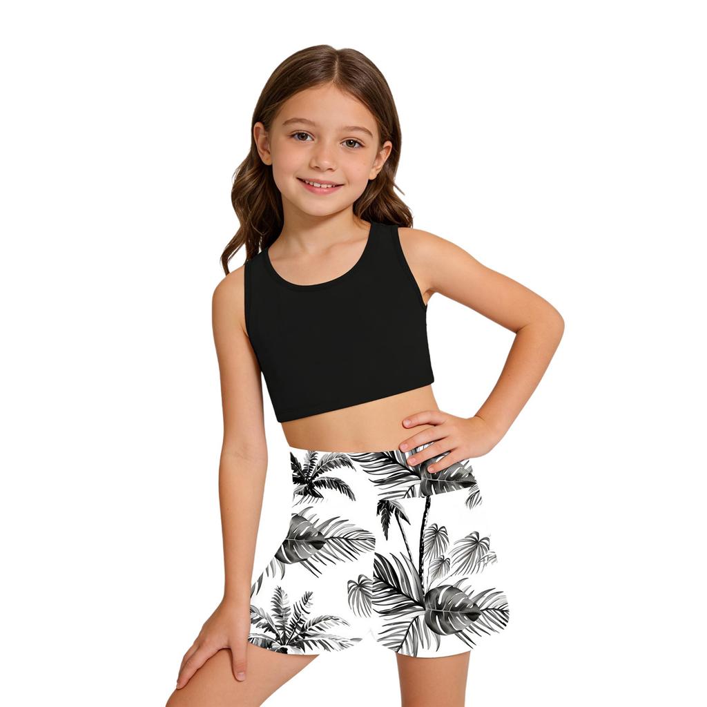 Girls Bathing Suit Set Sleeveless Round Neck Crop Top Wide Elastic Waistband Shorts Beach Swimming Outfit