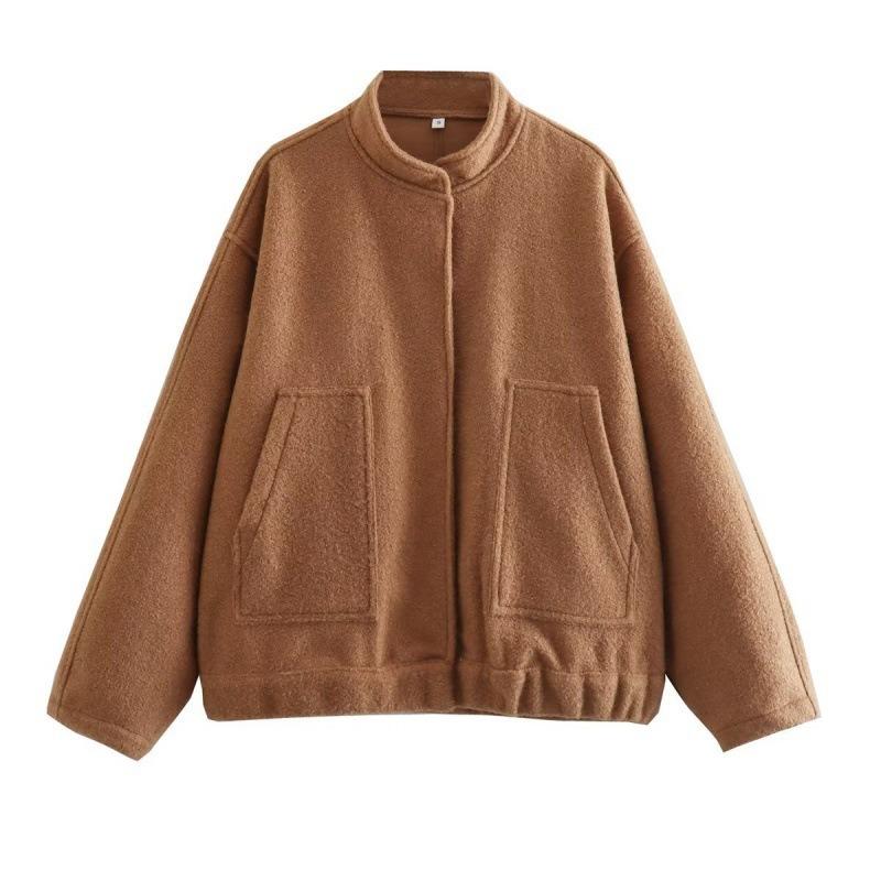 Women Fashion Vintage Pockets Woolen Jacket Autumn Casual Solid Long Sleeve Coat Snap Button Loose Outerwear