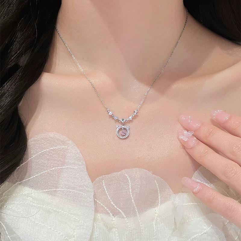 Pink Star Cat Necklace for Women: Nickel Silver with Gold Plating and Diamond Inlaid Pendant, Sweet Style High-Value Jewelry