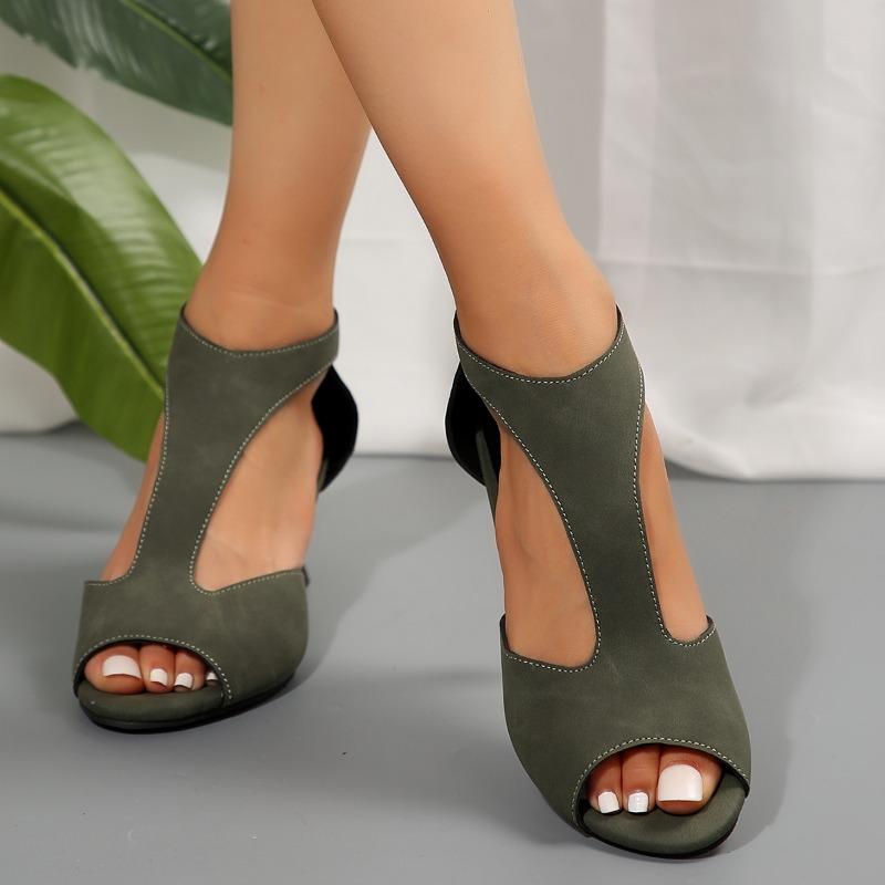 2024 Summer Women's Shoes Fashionable Solid Color Open Toe Stiletto Heel Zipper Style Medium Heel Women's Fish Mouth Sandals