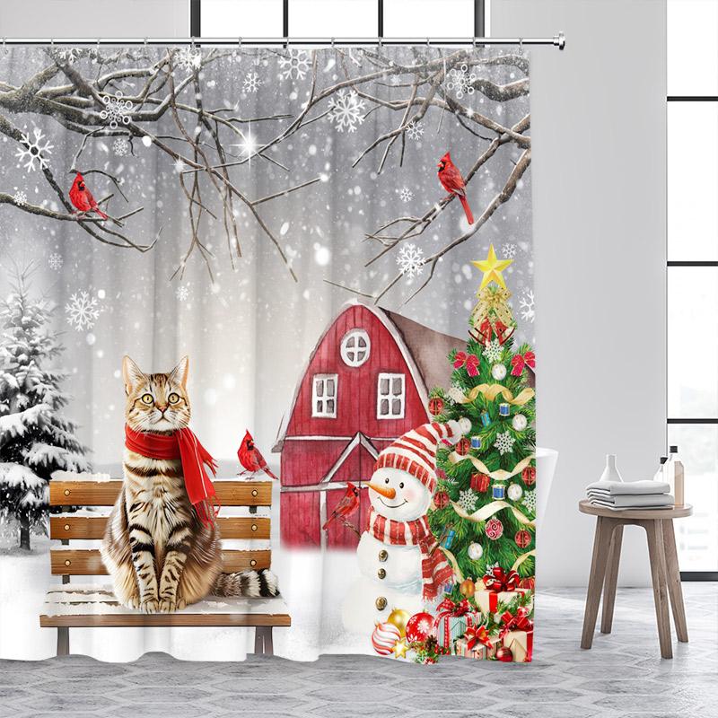 Funny Red Santa Claus Shower Curtain Gold Xmas Balls Gifts White Snowflakes Winter Christmas Bath Curtains Home Bathroom Decor