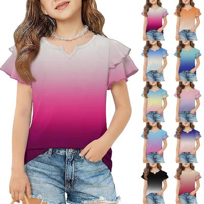 Girls V Neck Ruffled Sleeve Gradient Print Short Sleeve T Shirt Casual Blouse Lightweight Summer Top for Kids