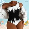 Women Plus Size One Shoulder One Piece Swimsuit Asymmetric Neck Black White Print