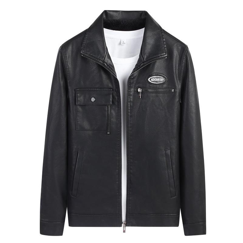 Multi-bag lapel tooling locomotive men's leather jacket winter velvet fashion casual leather jacket men