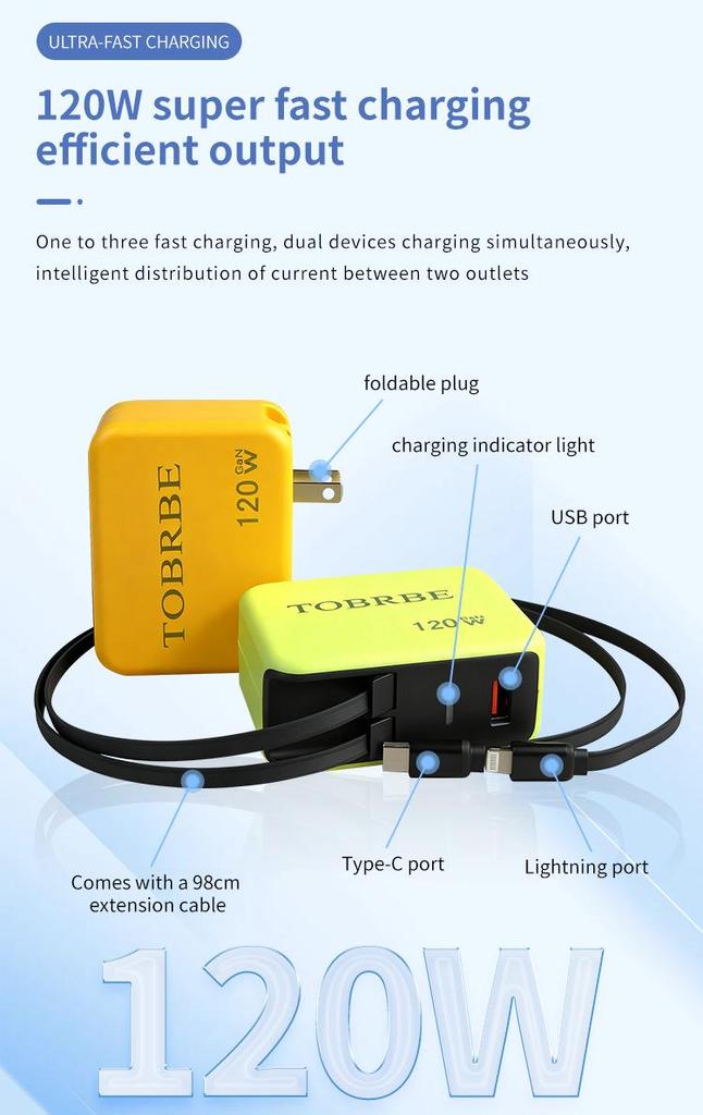 Fast Charging GaN Charger with Retractable Cable for Apple, iPad, Huawei, Xiaomi, and Android.