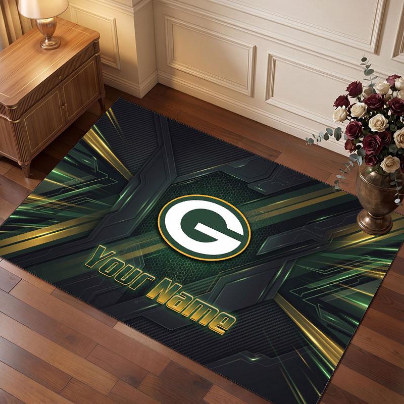Green Bay Packers Personalized Crystal Velvet Carpet, Customized Name Text Soft Anti‑Slip Rug for Living Room Bedroom