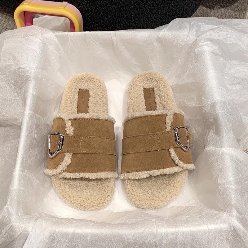 Mode Herbst und Winter Ein-Wort-Schnalle Dicke Sohle Tragen Lässig und Flauschig Warme Kaninchenhaar Flauschige Hausschuhe Damen 2024 Neu