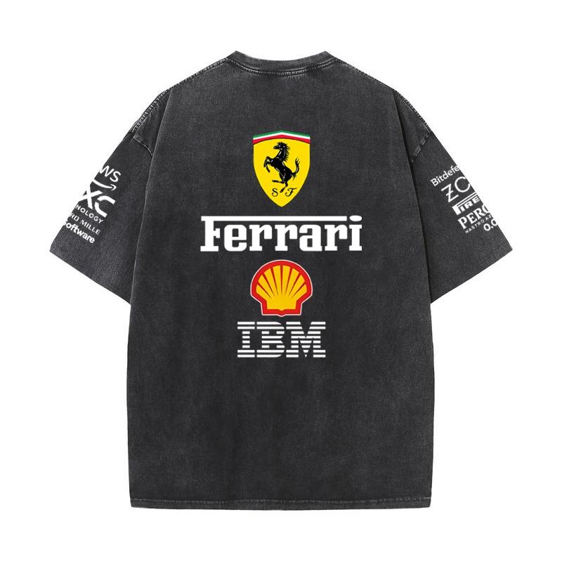 Vintage Washed Black Ferrari F1 Racing T Shirt Oversized Short Sleeve Tee Retro Motorsport Sponsor Logo Print Casual Streetwear Loose Top