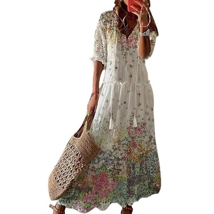 Damen Böhmisches Sommer Strand Swing Maxi Kleid V-Ausschnitt Lang Locker Sonnenkleid Reise