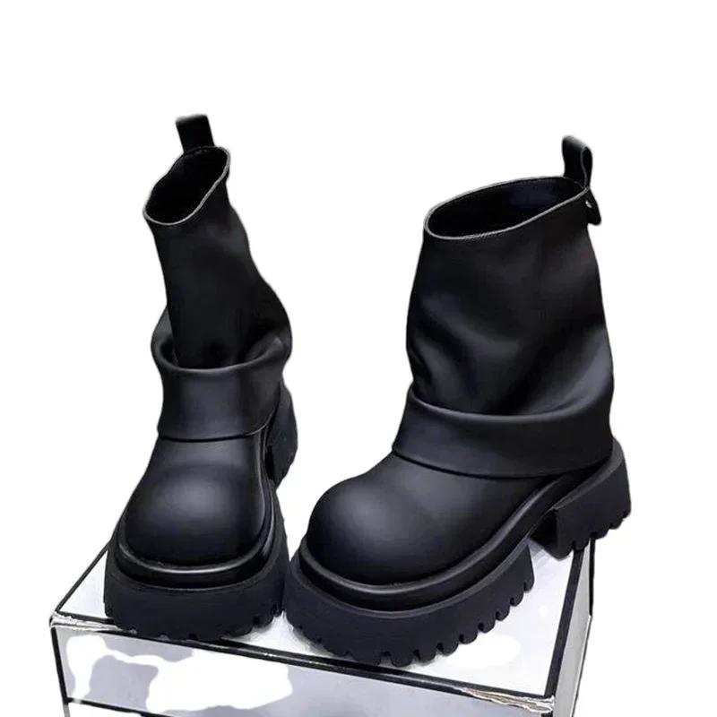Platform Women Ankle Boots Mid Heels Designer Laether Shoes Fashion Winter Woman 2025 Trend Chelsea Boots Goth Femme Chaussures