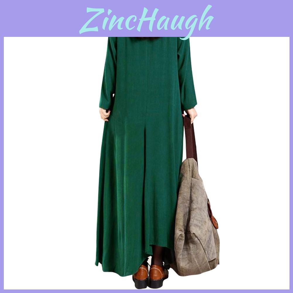 Elegant Plus Size Women Cotton Long Sleeve Vintage Kaftan Casual Maxi Dress