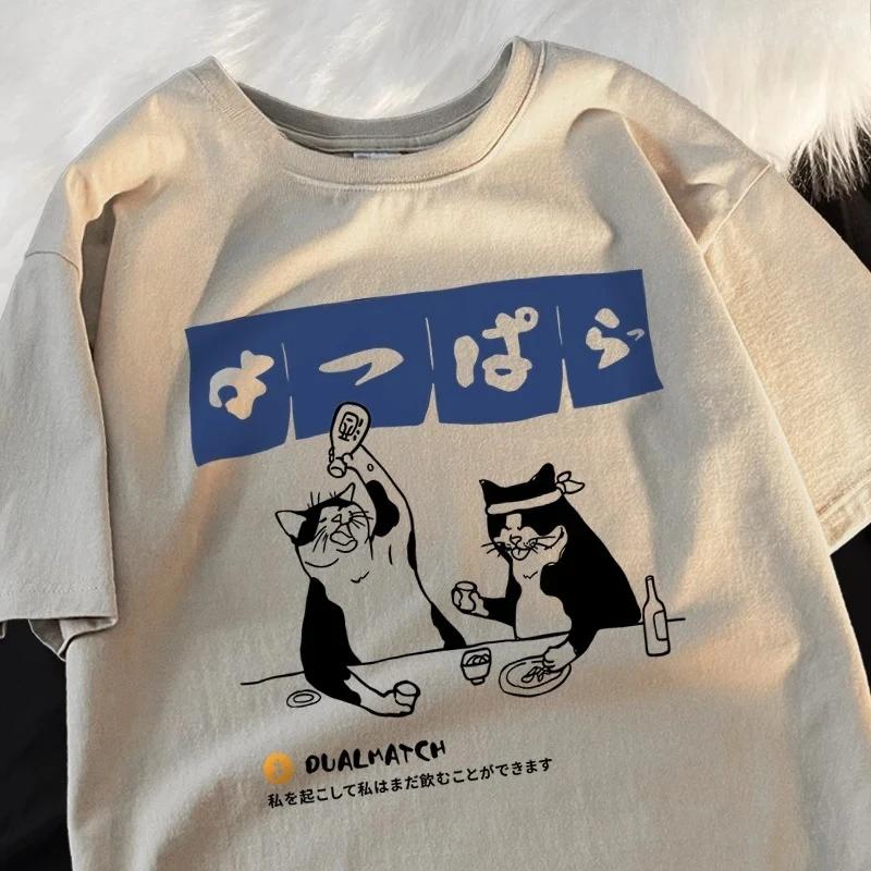 ZX Tee Harajuku Japanese Cat Drinking Printed Tops Woman Fashion O-Neck T-Shirt Streetwear Casual Summer Clothing Woman Tshirts