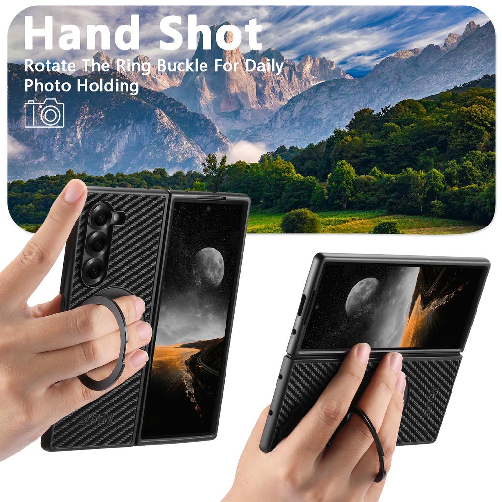 Mobile Phone Case Magnet Wireless Charging 360° Rotating Stand Faux Leather Ring Buckle for Samsung Galaxy Z Fold 7 6 5