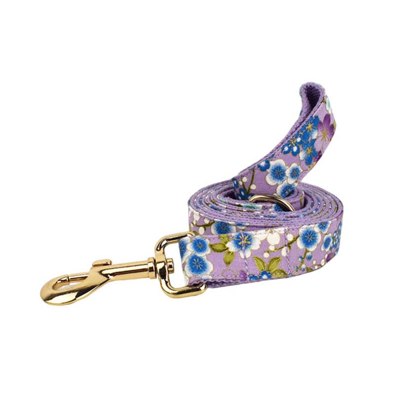 Purple Japanese Floral Dog Collar & Leash with Custom Engraving Option
