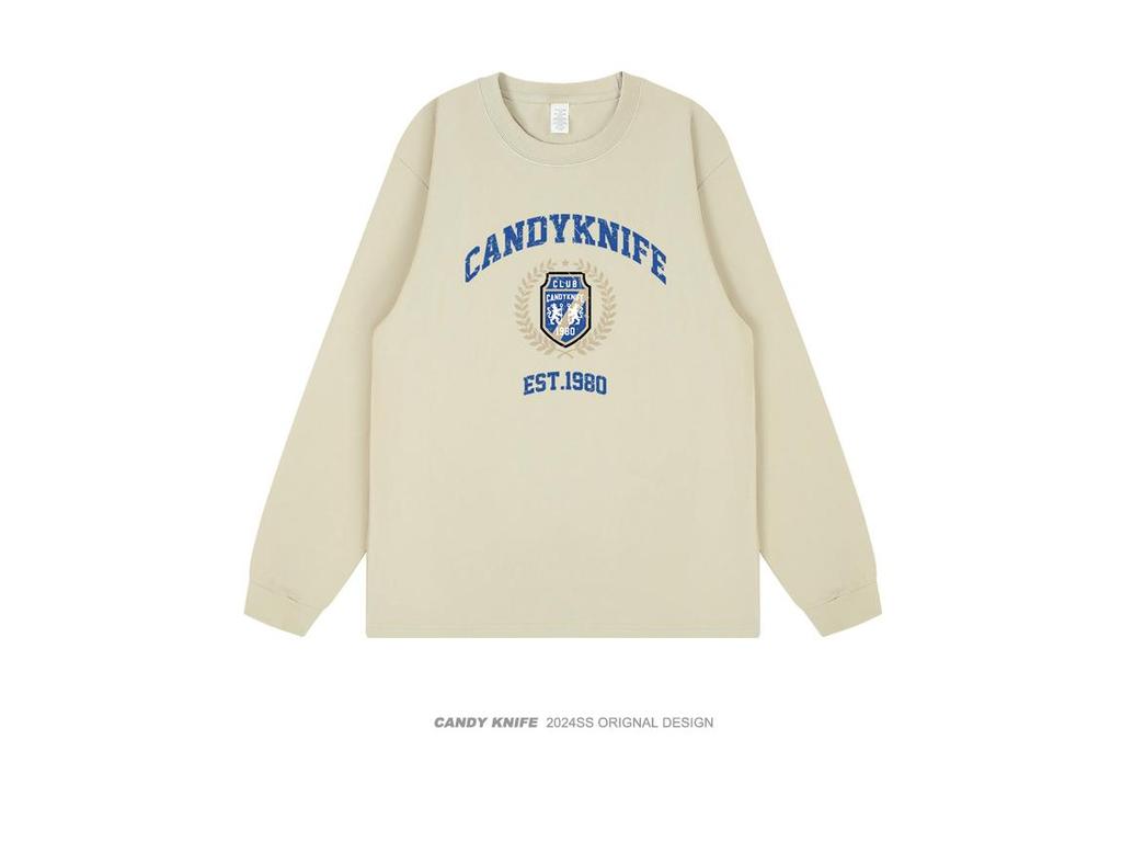 New Streetwear Retro Logo Print Ribbed Cuff Long Sleeve T-Shirt for Men & Women