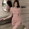 Pink Careful Machine Dress Summer New Short-sleeved Women's Summer Slim and Thin Sexy Celebrity Hip Skirt