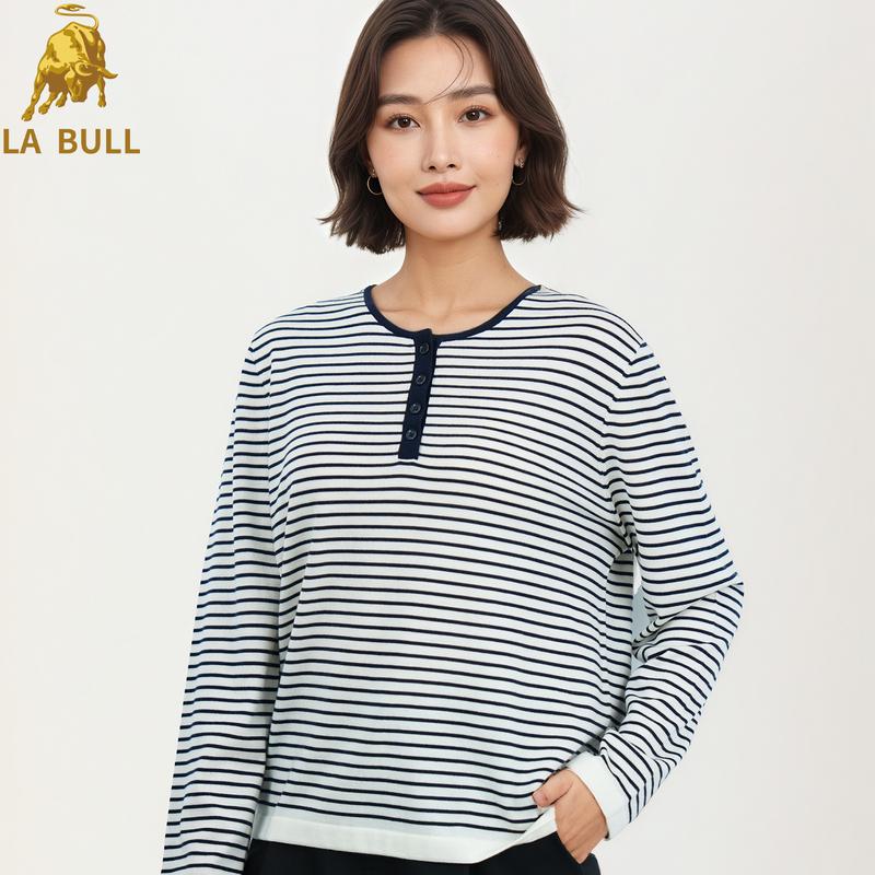 

LA BULL Women s Striped 100% Wool Crew Neck Knit Sweater M