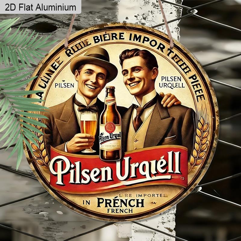2D Flat Aluminum Retro Round Metal Sign Pilsner Urquell Beer Advertisement, Vintage Wall Art Decor with Hanging Rope, Rustic Chic Decoration for Home