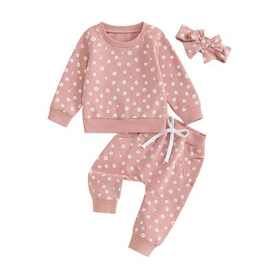 Baby Girls Outfit, Flower Print Long Sleeve Crew Neck Sweatshirt Sweatpants Headband Fall Outfit