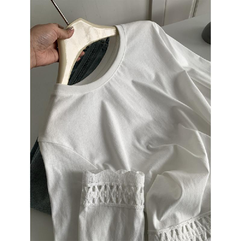 Hollowed-out lace hem pure cotton round-neck long-sleeve T-shirt for women, 2026 spring elegant Korean-style base shirt top