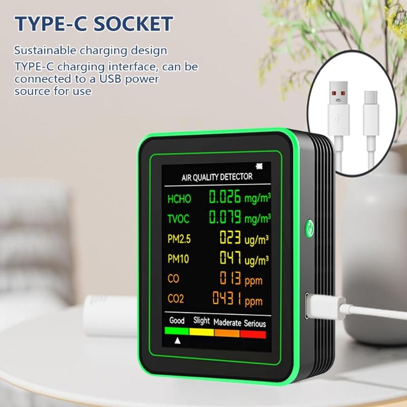 Intelligent Indoor Home Air Pollution Detectors Inspector with CO2, Temperature, Humidity, Formaldehyde, TVOC Monitoring
