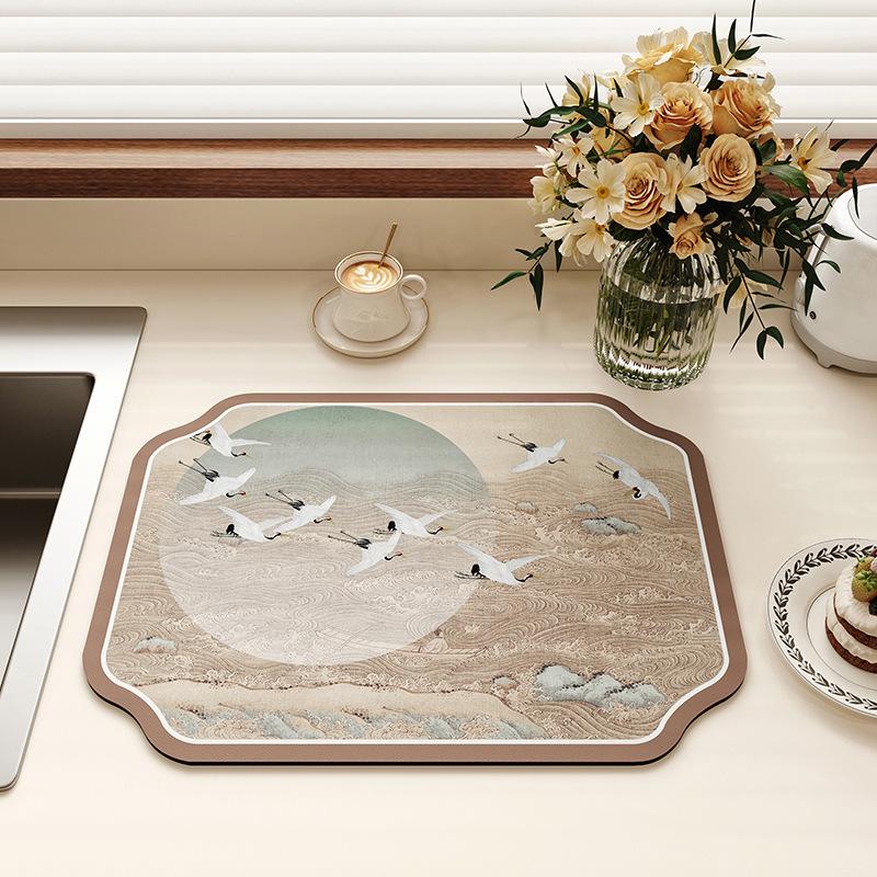 Chinese-Style Irregular Flower & Bird Diatom Mud Coffee Mat: Stain-Resistant, Easy-Clean, Non-Slip Kitchen Draining Mat