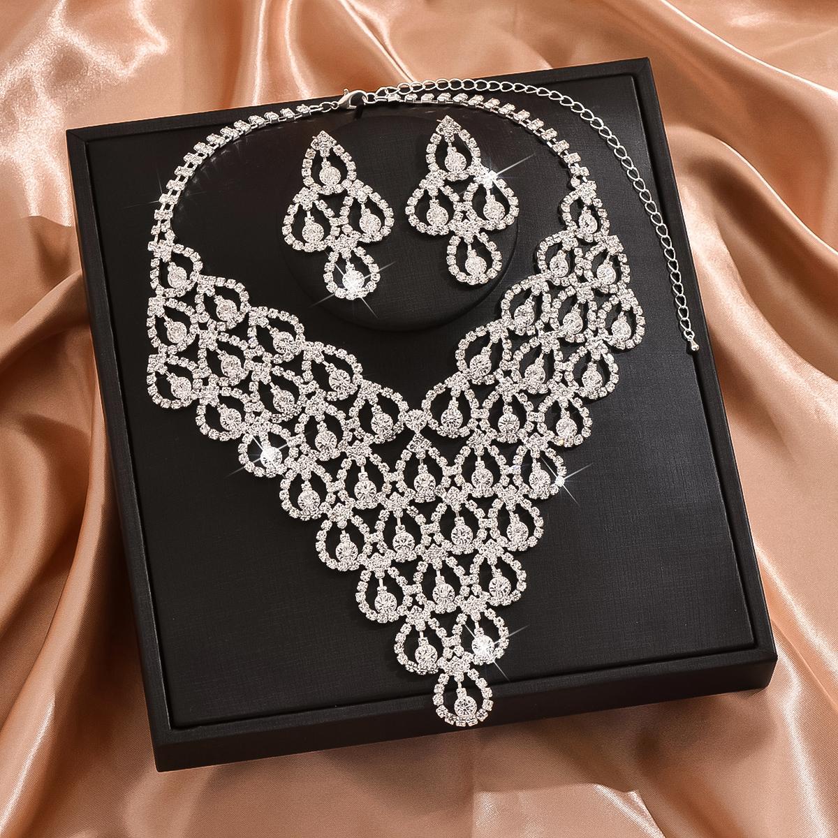 

3 предмета Женская модная серия циркона медь Геометрическое ожерелье серьги Набор с цирконом Свадебная вечеринка Фестивальный подарок-8571