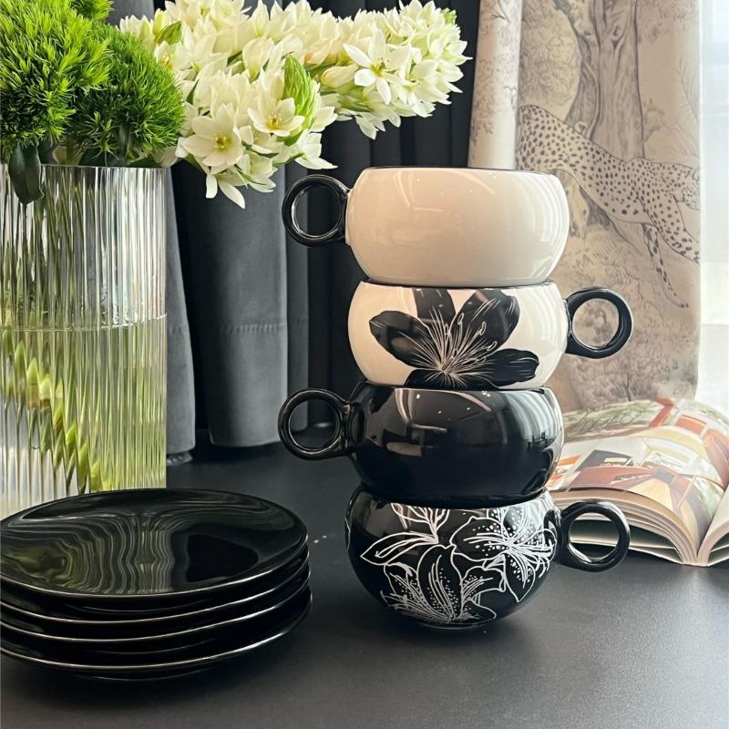 Retro Floral Style Coffee Cups and Plates - High-end Narcissus Flower Cups and Plates - Floral Latte Art Decorative Tea Set