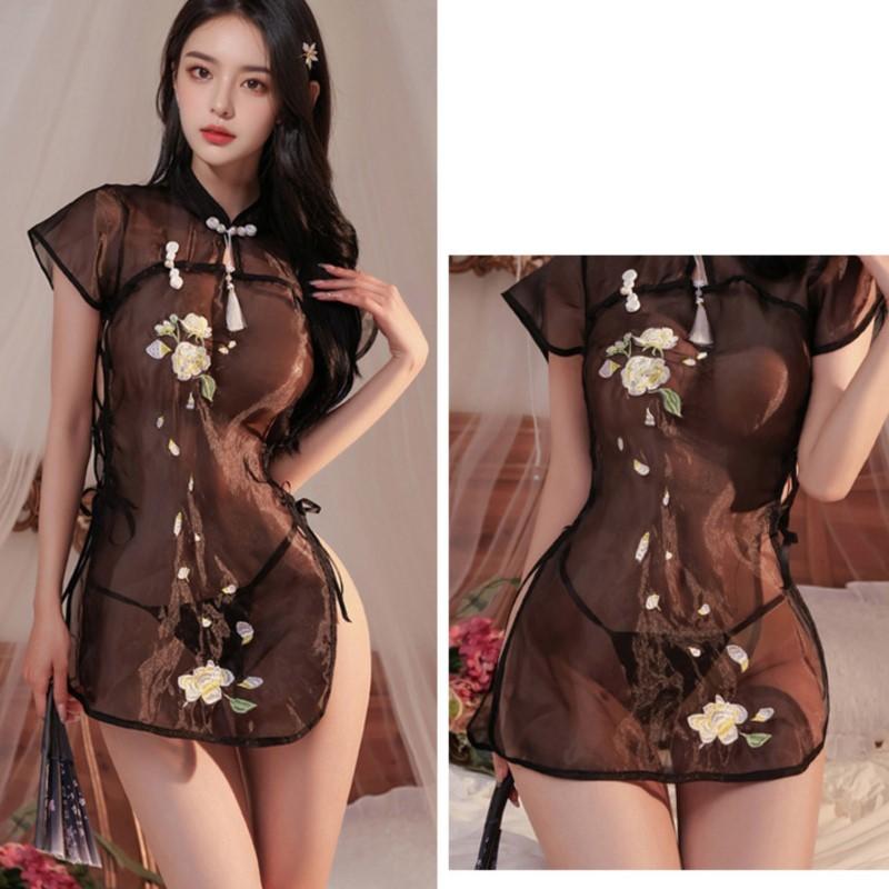 Babydolls Perspective On Classical Standing Neck Qipao Retro Embroidered Split Pajamas Sexy Dresses Daring Hot Woman Lingerie