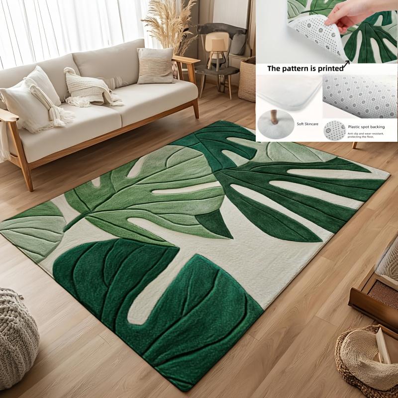 Tropical Green Leaf Print Bath Mat, Soft Flannel Plush Non-Slip Rug, Machine Washable Decor for Bathroom, Kitchen, Living Room