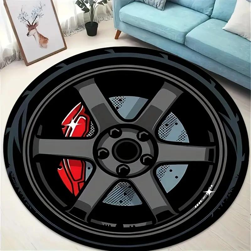 Silvery Black Wheels Printing Round Carpet Living Room Bedroom Kitchen Bathroom Floor Mat Soft Circle Rug Birthday Decor