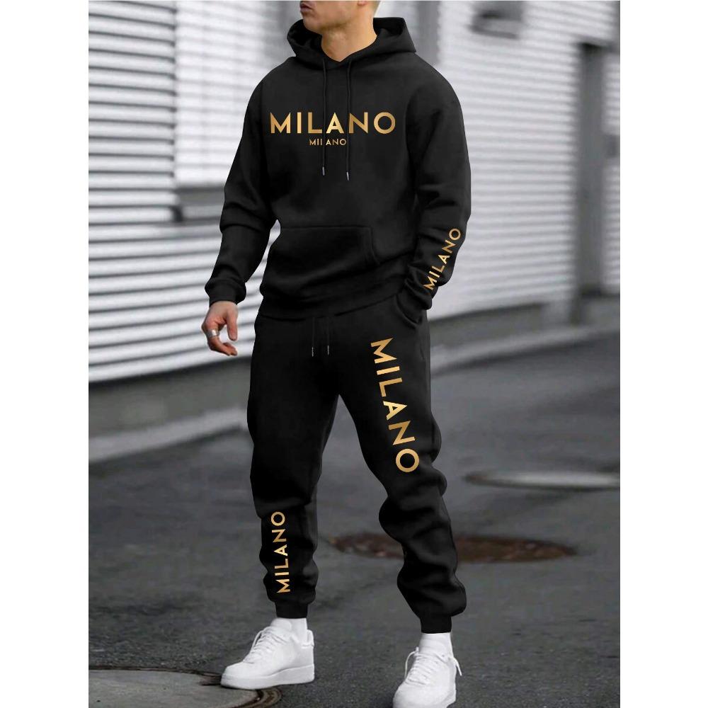 Men's Vacation Style Printed Sportswear and Pants Set, Casual Sportswear Drawstring Pants Set, Autumn and Winter Men's Outdoor 2 Piece Set