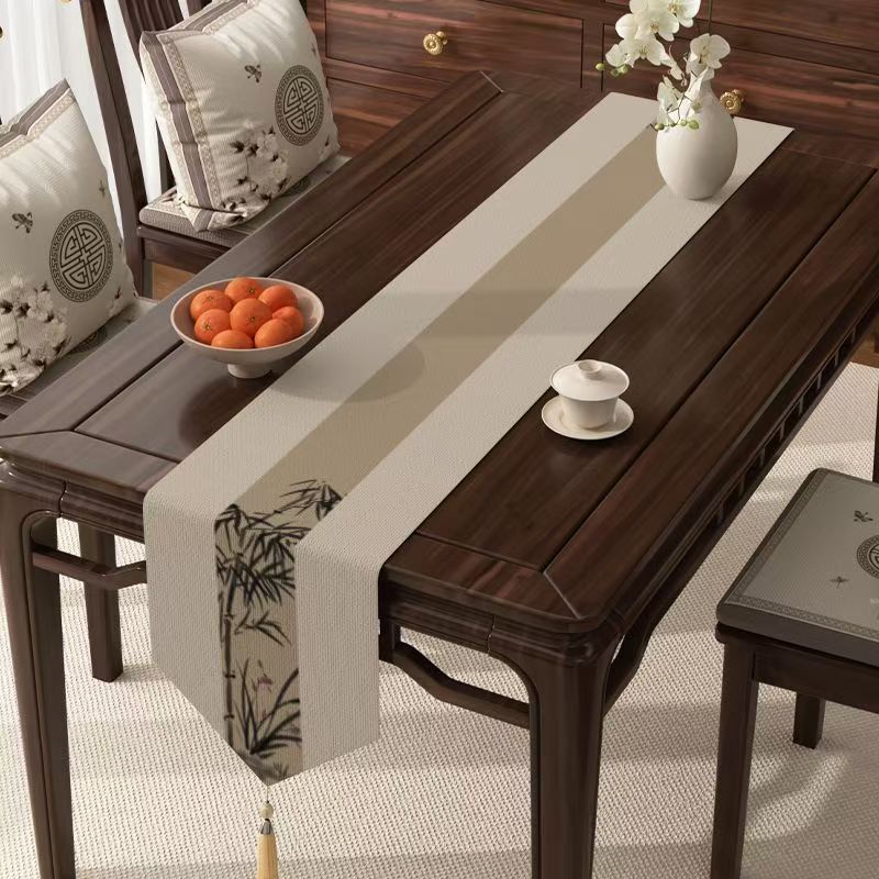 Chinese Style Table Flag Waterproof Oil Resistant Tassel Table Runner Tea House Tea Towels Zen Tea Table Cloth Hotel Bed Flag
